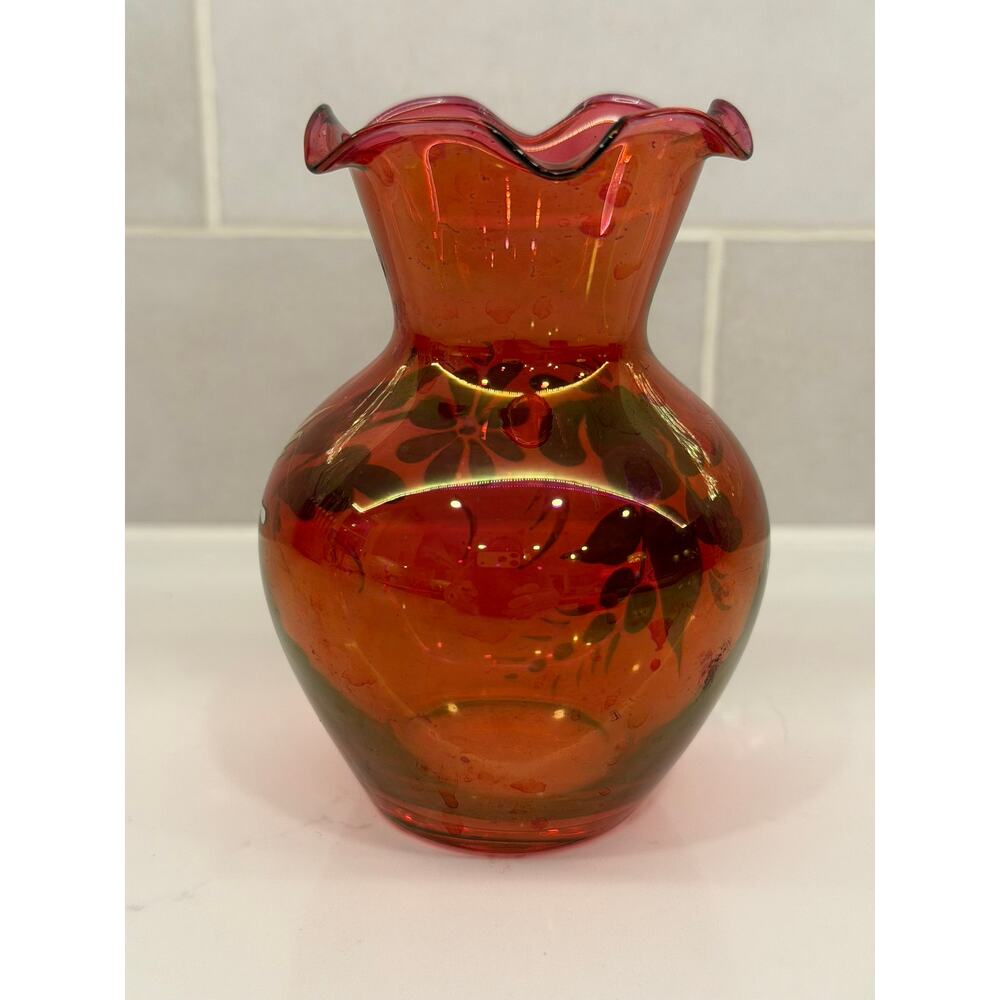 VTG Iridescent Cranberry Hand Painted Ruffled Rim Bud Vase - Picture 3 of 6